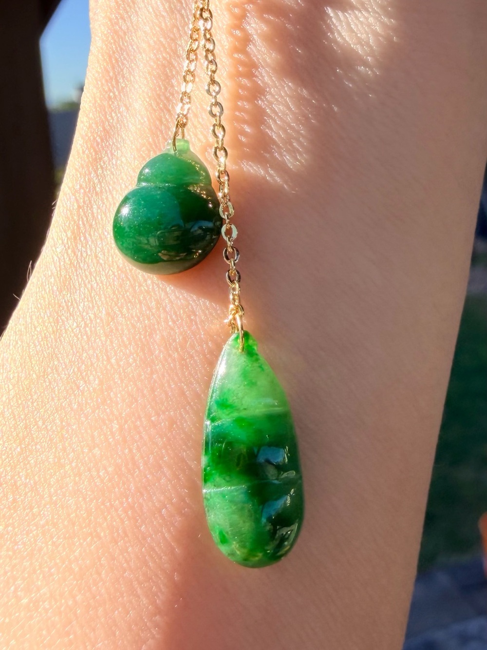 Natural Grade A Burmese Vivid Green Jadeite Gourd & Pea Pod Dangle Pendant